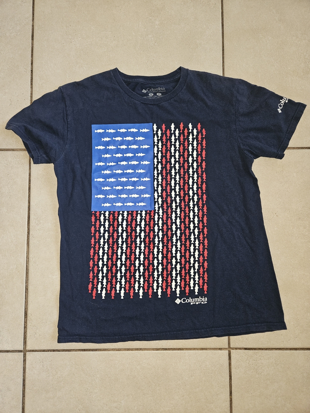 Columbia Navy Blue Short Sleeve Tee with Red & White Fish Flag Graphic